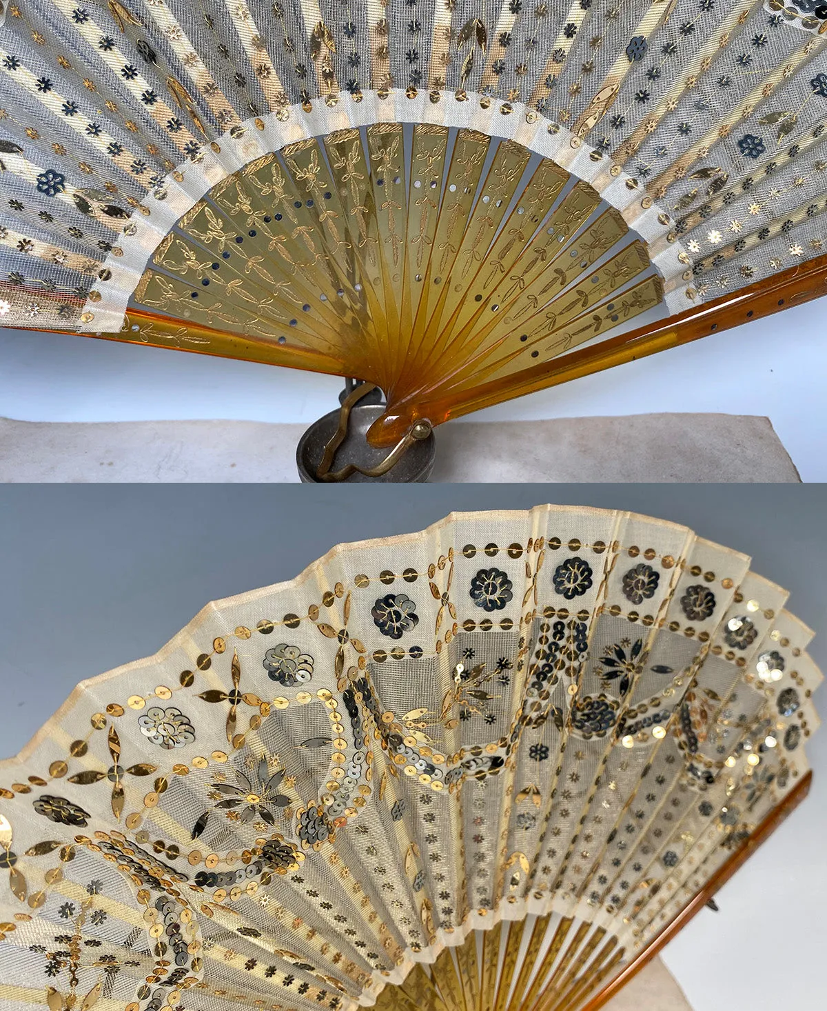 Fine Antique c.1900 French Hand Fan, Tulle Embroidered with Sequins, Blond Horn, in Original Box - Gallard