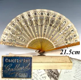 Fine Antique c.1900 French Hand Fan, Tulle Embroidered with Sequins, Blond Horn, in Original Box - Gallard