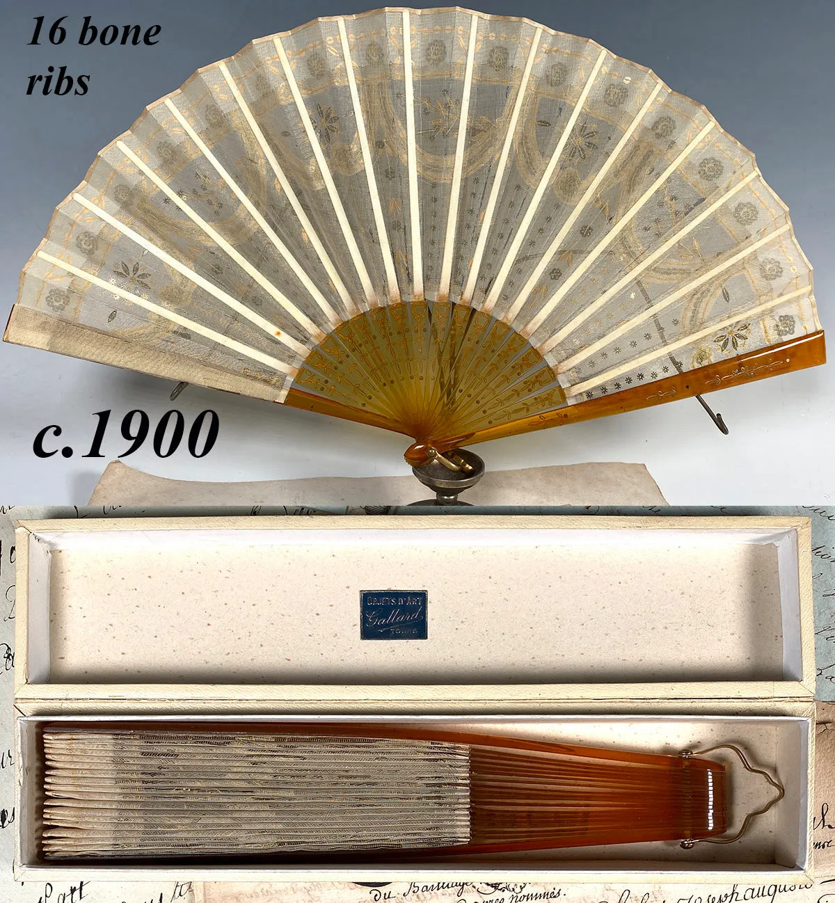 Fine Antique c.1900 French Hand Fan, Tulle Embroidered with Sequins, Blond Horn, in Original Box - Gallard