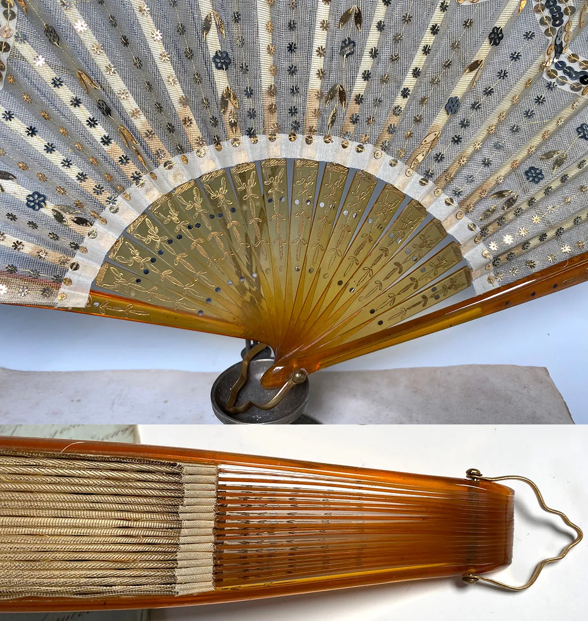 Fine Antique c.1900 French Hand Fan, Tulle Embroidered with Sequins, Blond Horn, in Original Box - Gallard