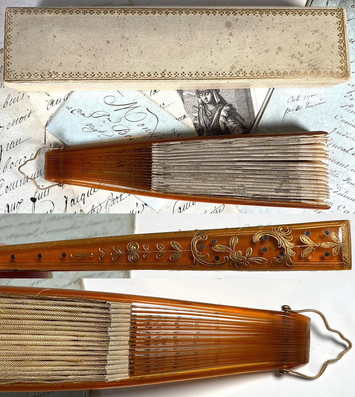 Fine Antique c.1900 French Hand Fan, Tulle Embroidered with Sequins, Blond Horn, in Original Box - Gallard