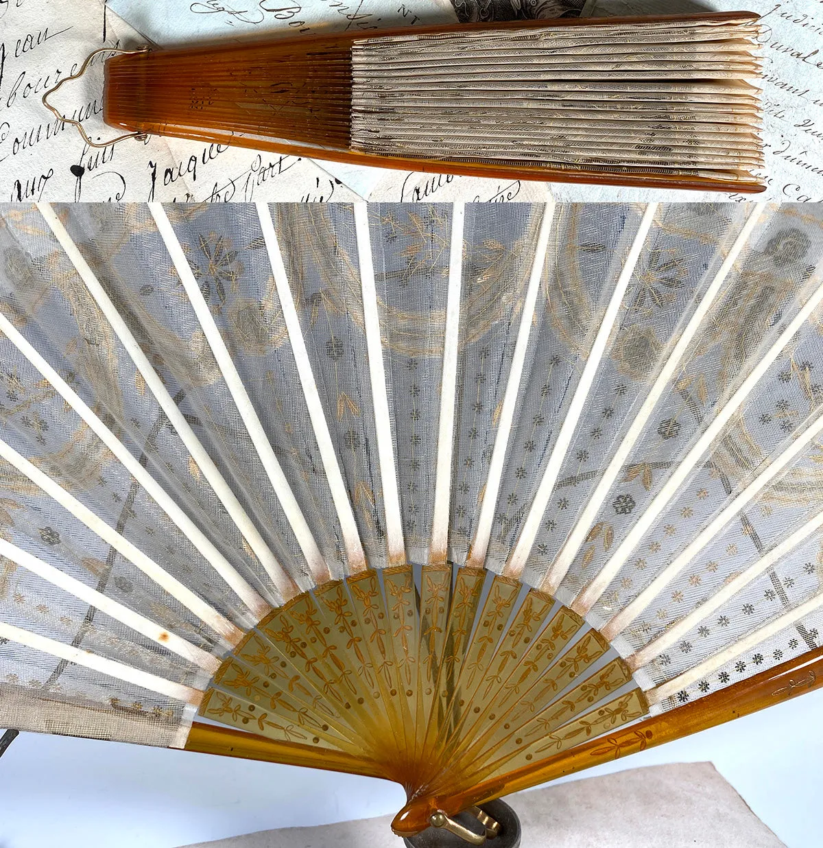 Fine Antique c.1900 French Hand Fan, Tulle Embroidered with Sequins, Blond Horn, in Original Box - Gallard