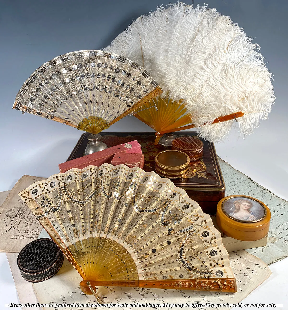 Fine Antique c.1900 French Hand Fan, Tulle Embroidered with Sequins, Blond Horn, in Original Box - Gallard