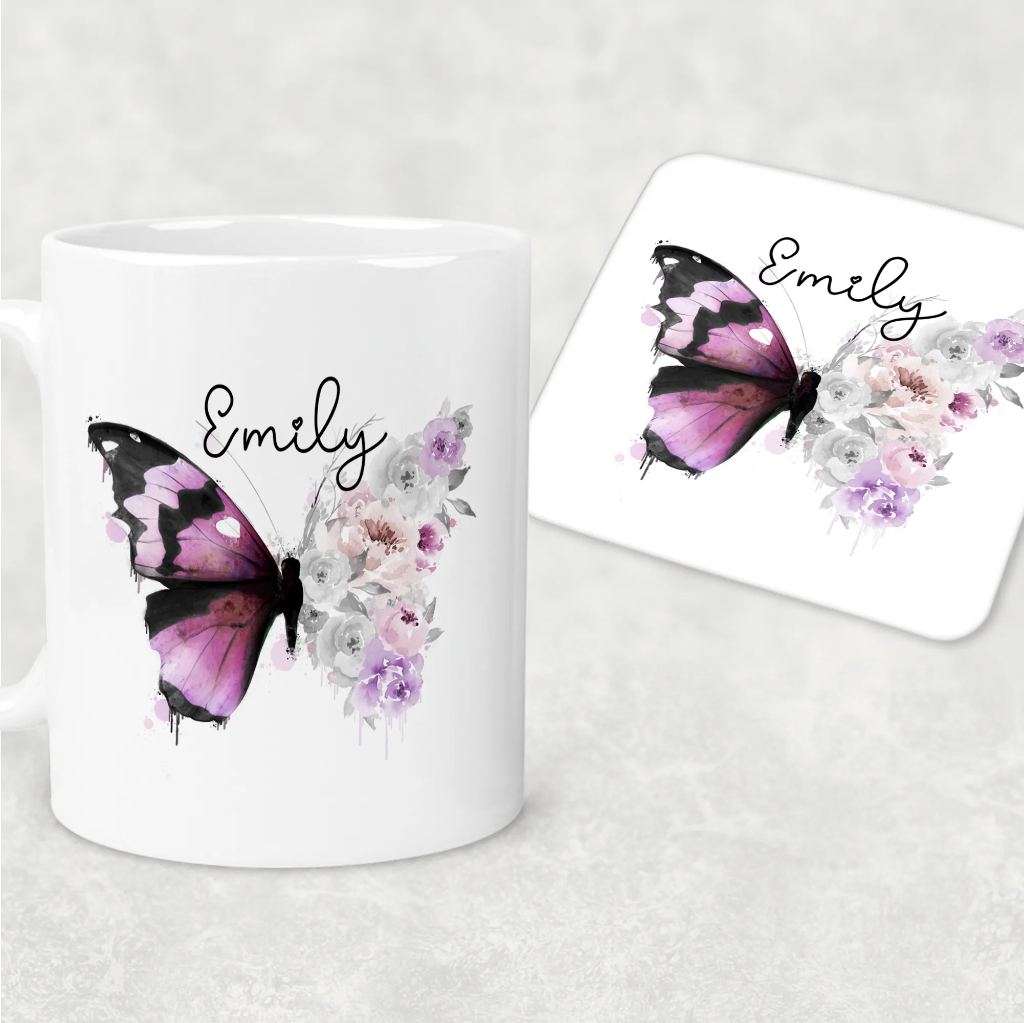 Floral Butterfly Personalised Mug & Coaster