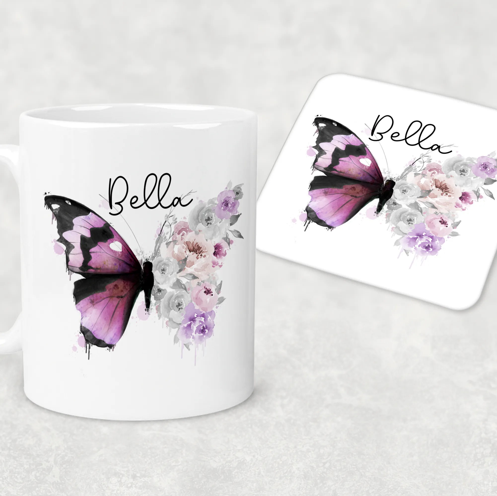 Floral Butterfly Personalised Mug & Coaster