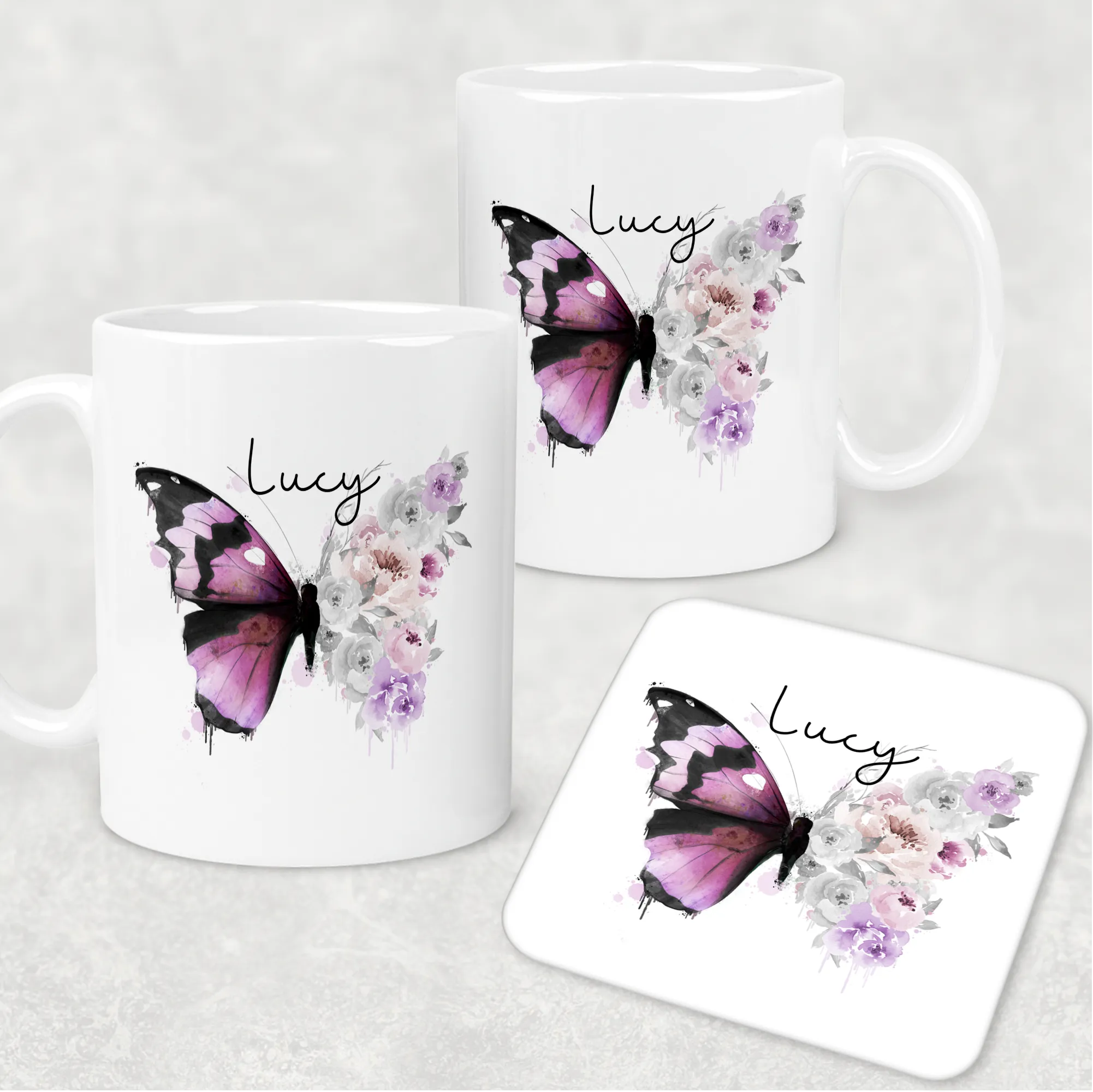 Floral Butterfly Personalised Mug & Coaster