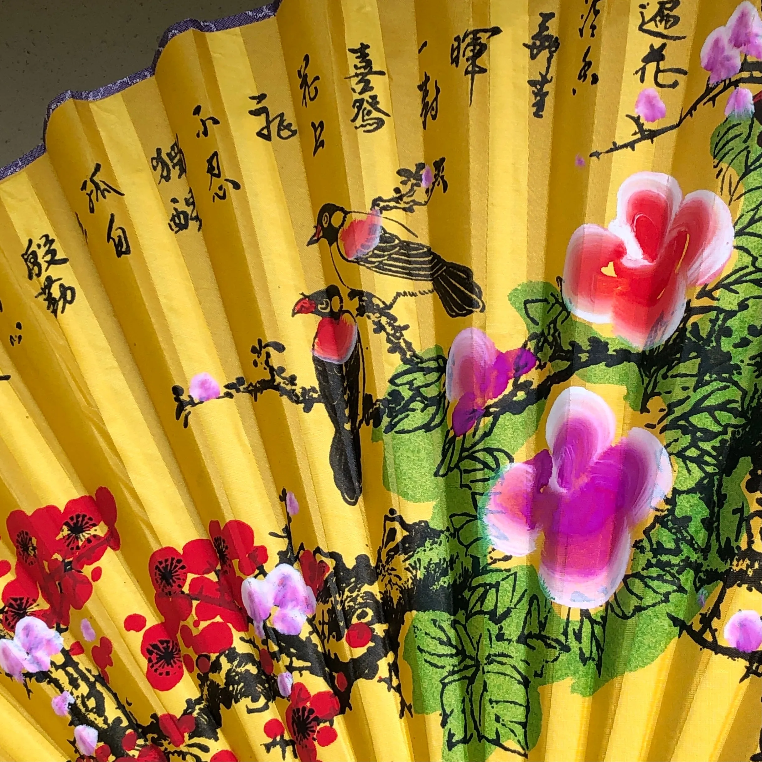 Giant Golden Yellow Silk Fan Birds and Blossoms (50cm x 90cm)