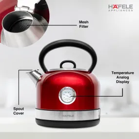 Hafele Dome Plus 2200W, 240V Electric Stainless Steel Kettle with Spout Cover with Analogue Temperature Display, Detachable Micro-Mesh Filter for Lime Scale Filtering, Easy Cleaning (1.7 L, Red)