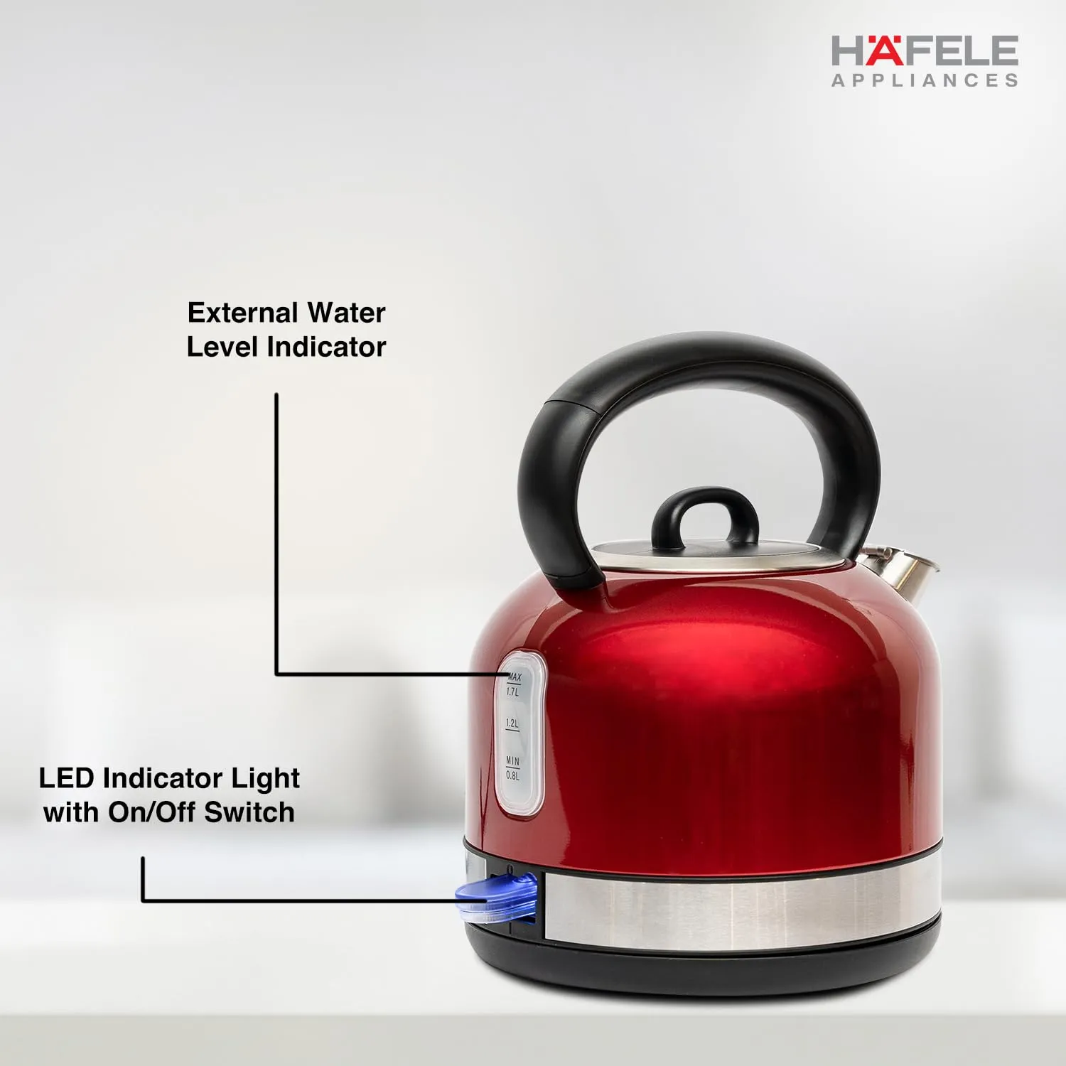 Hafele Dome Plus 2200W, 240V Electric Stainless Steel Kettle with Spout Cover with Analogue Temperature Display, Detachable Micro-Mesh Filter for Lime Scale Filtering, Easy Cleaning (1.7 L, Red)