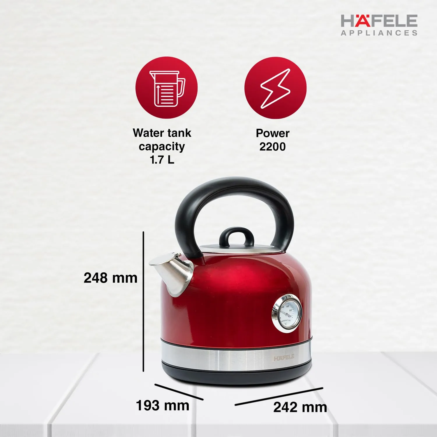 Hafele Dome Plus 2200W, 240V Electric Stainless Steel Kettle with Spout Cover with Analogue Temperature Display, Detachable Micro-Mesh Filter for Lime Scale Filtering, Easy Cleaning (1.7 L, Red)