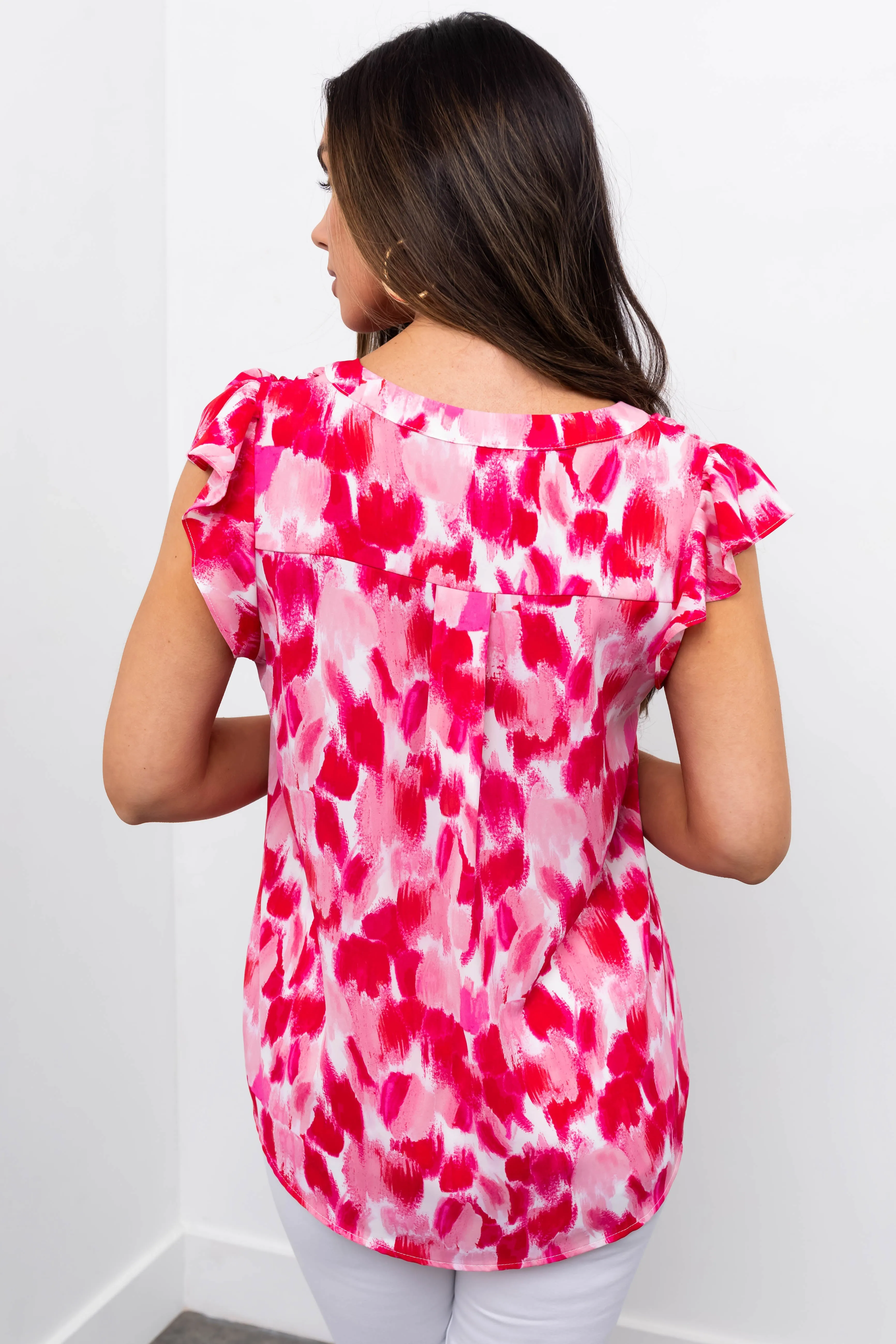 Hot Pink Brush Stroke Notch Neck Ruffle Sleeve Top