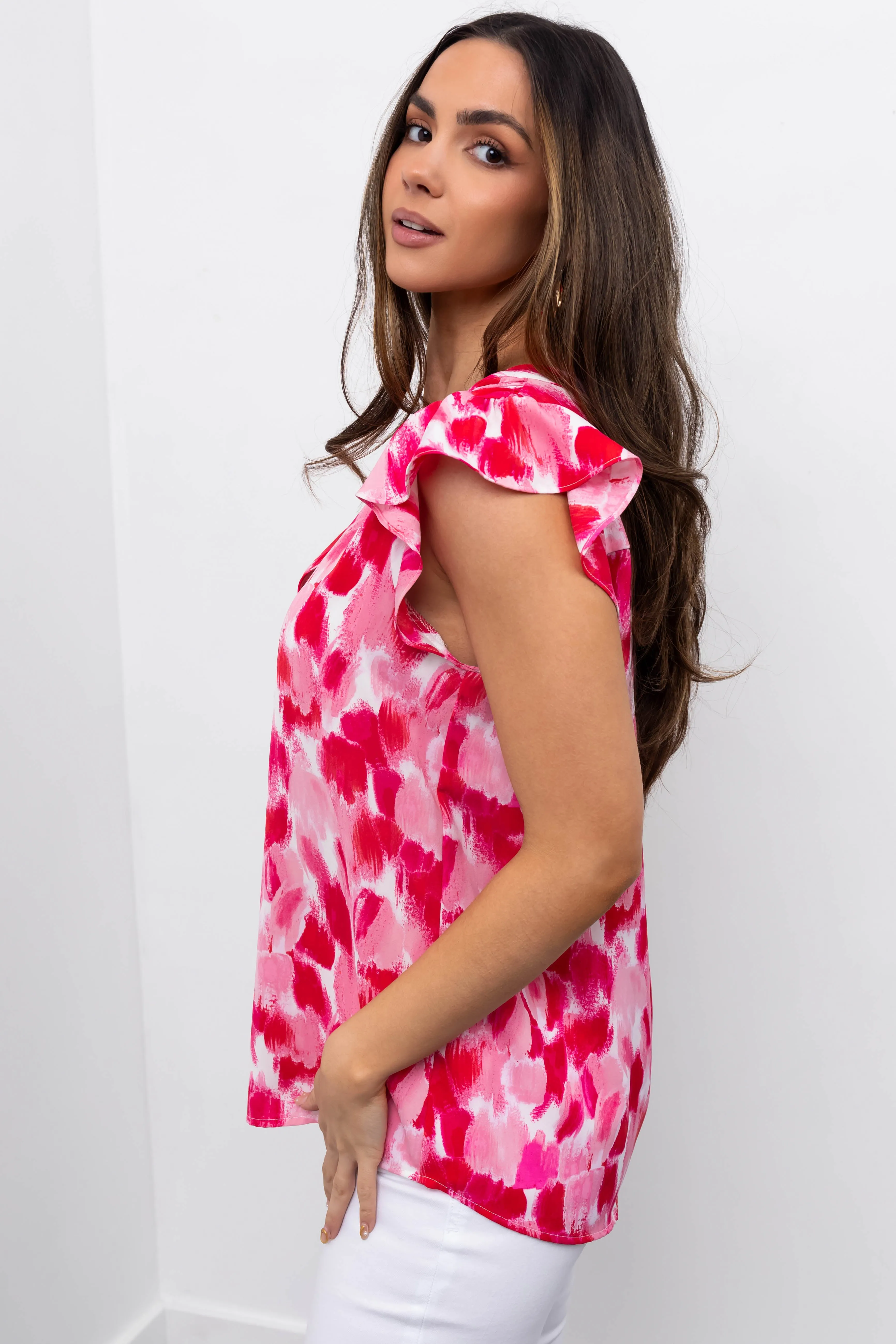 Hot Pink Brush Stroke Notch Neck Ruffle Sleeve Top