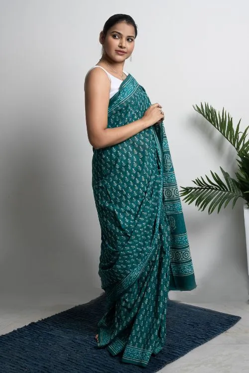 ICH Cotton Appeal. Dabu Hand Block Printed Mul Cotton Saree - Green Leaf