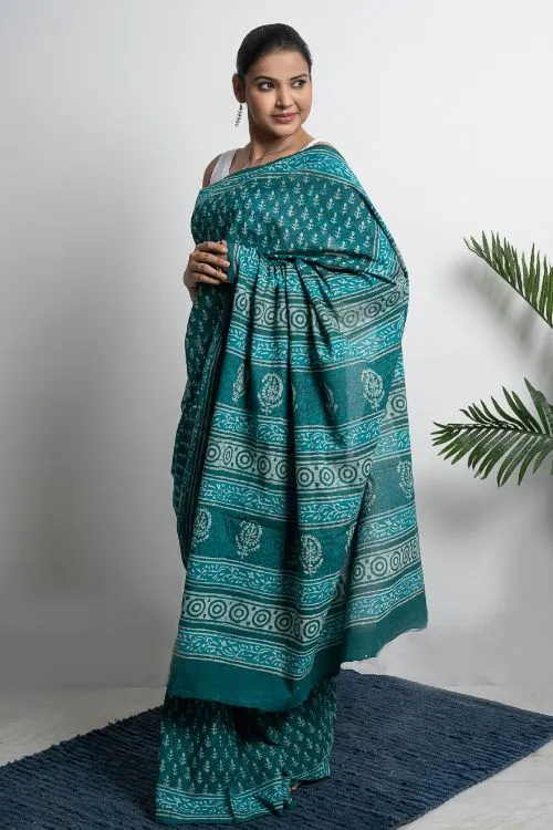 ICH Cotton Appeal. Dabu Hand Block Printed Mul Cotton Saree - Green Leaf