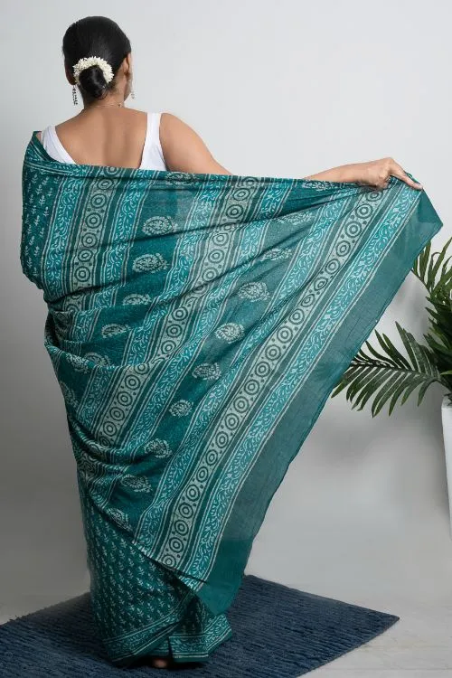 ICH Cotton Appeal. Dabu Hand Block Printed Mul Cotton Saree - Green Leaf