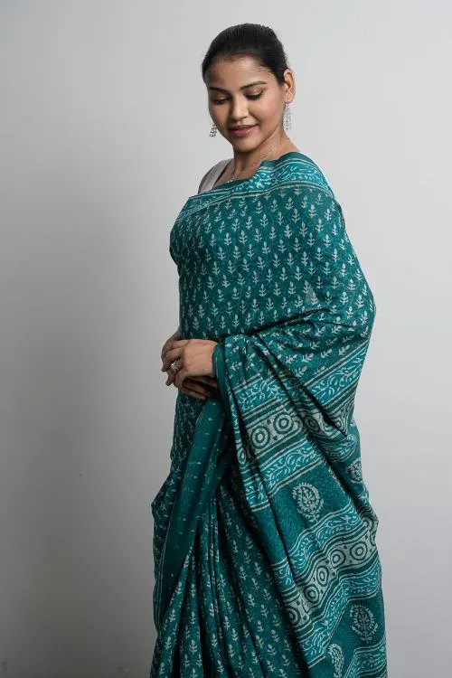 ICH Cotton Appeal. Dabu Hand Block Printed Mul Cotton Saree - Green Leaf