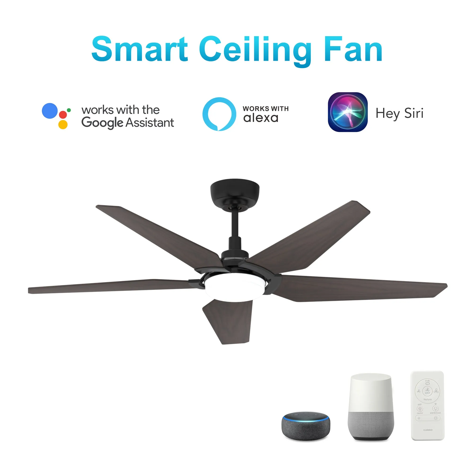 KAJ 52 inch 5-Blade Smart Ceiling Fan with LED Light Kit & Remote - Black/Dark Wood