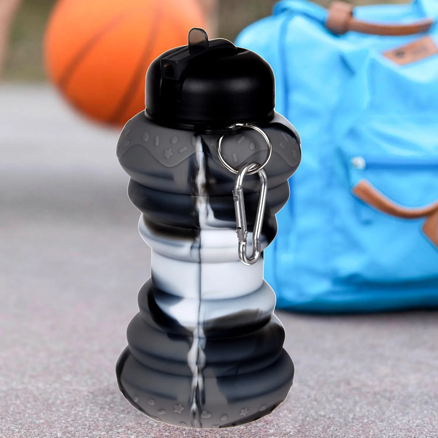 Kuber Industries Water Bottle | Silicone School Water Bottle | Expandable Water Bottle | Flip Cap Water Bottle | Gym Water Bottle | Sports Water Bottle | 600 ML | Black