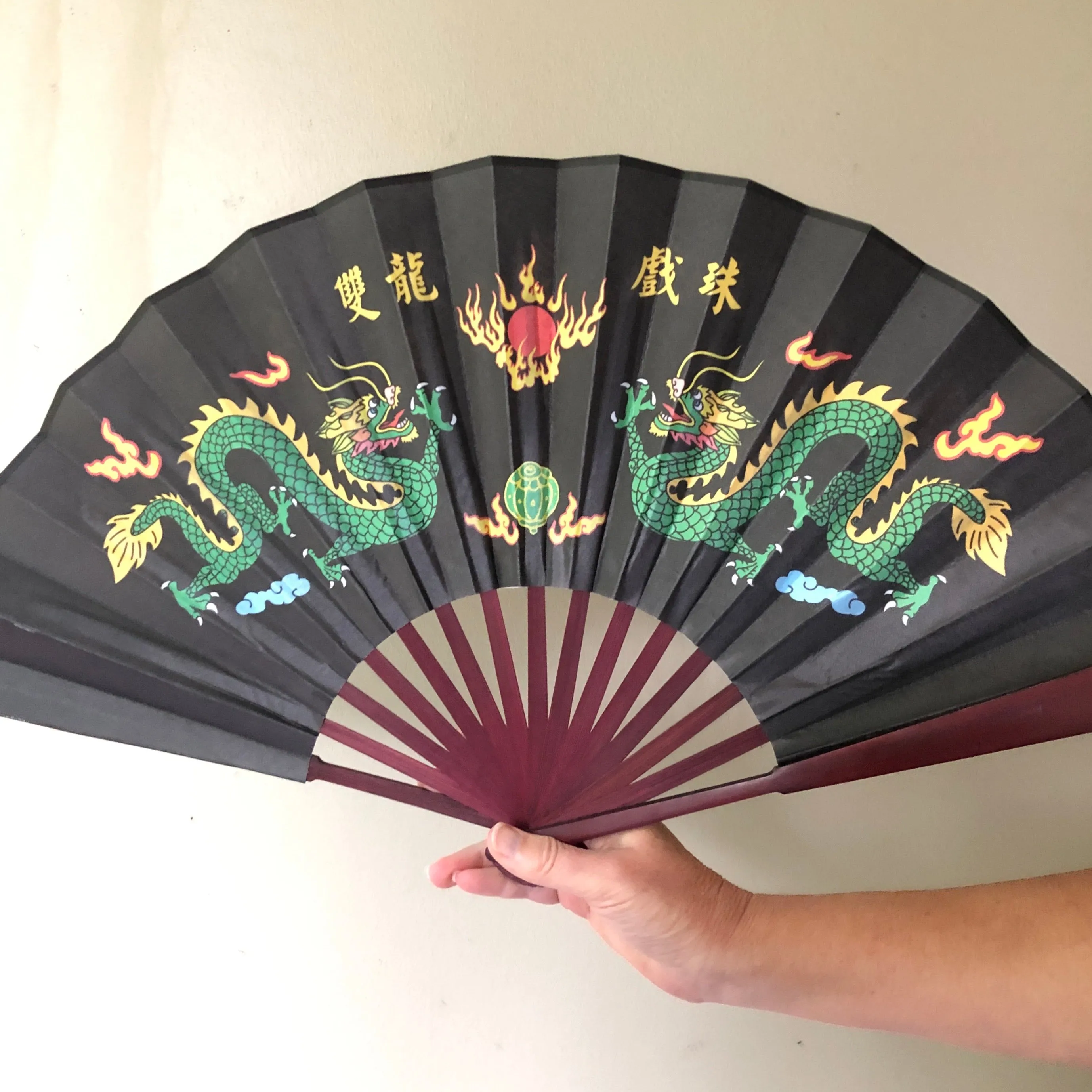 Large Luxury Silk Fan - Dragon print (33 x 60cm)