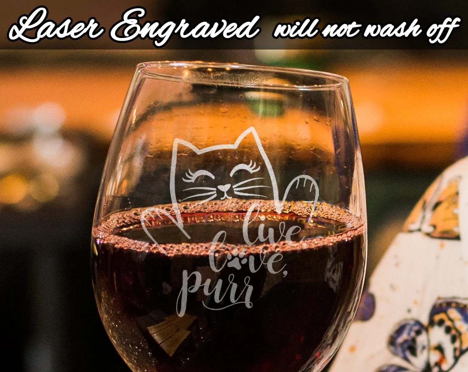 Live Love Purr Cat Wine Glass Cat Lady Gifts for Cat Lover Rescue Animal Owner Pet Mom Dad Stemless Engraved Birthday for Sister Wife Gift