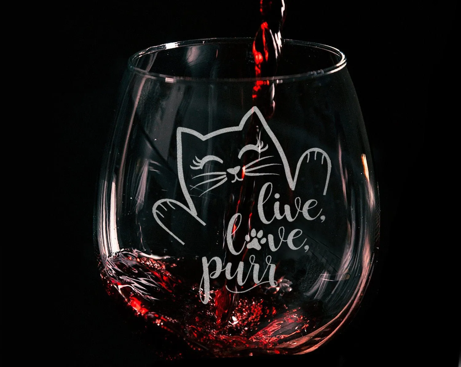 Live Love Purr Cat Wine Glass Cat Lady Gifts for Cat Lover Rescue Animal Owner Pet Mom Dad Stemless Engraved Birthday for Sister Wife Gift