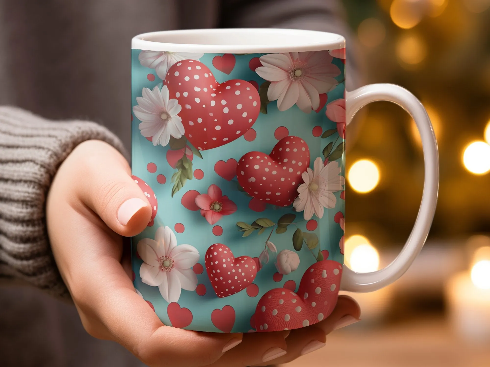 Love Heart Flowers Mug, Polka Dot Red Hearts, Floral Coffee Cup, Romantic Gift for Her, Valentine's Day Present, Cute Tea Mug