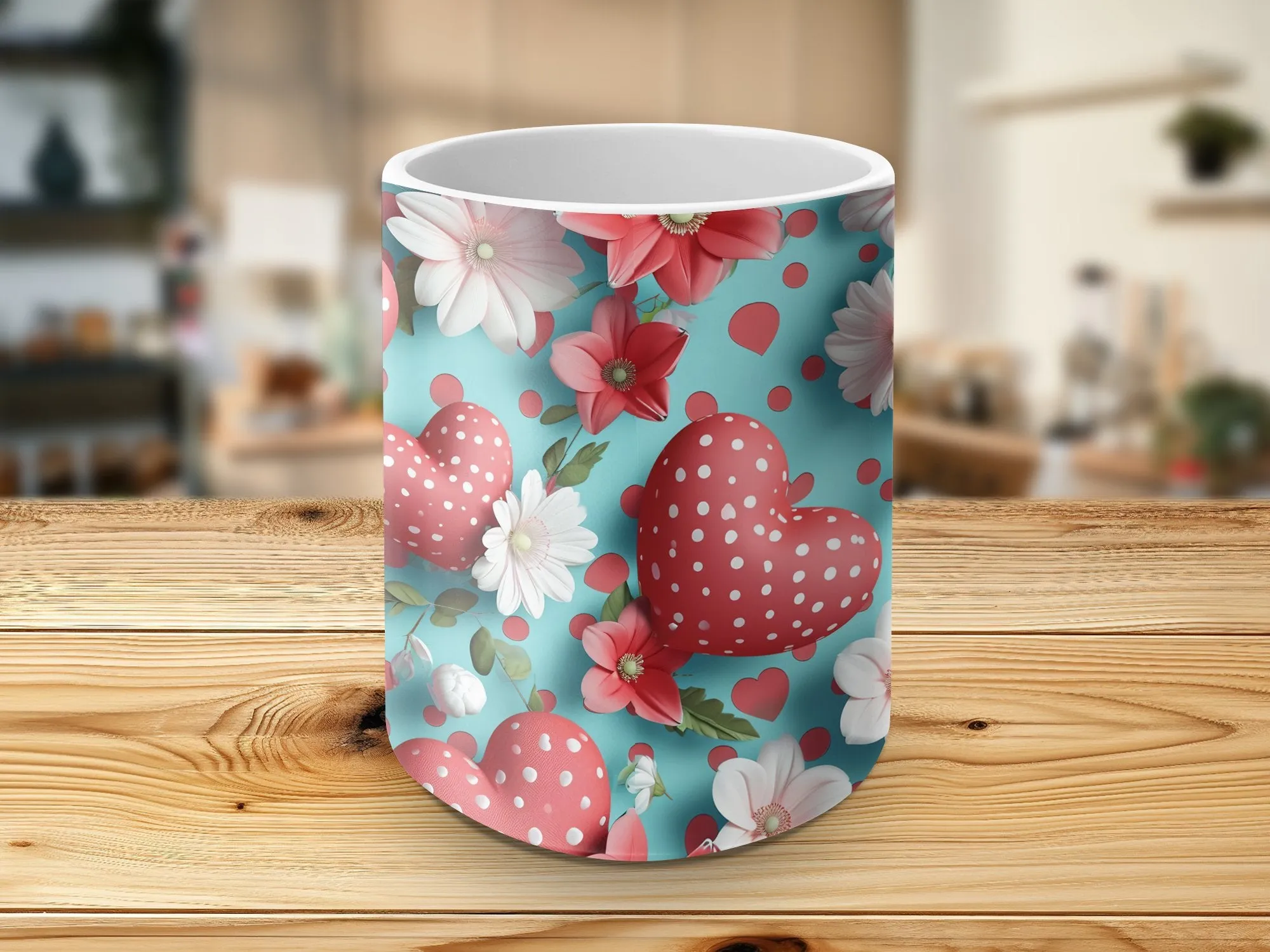 Love Heart Flowers Mug, Polka Dot Red Hearts, Floral Coffee Cup, Romantic Gift for Her, Valentine's Day Present, Cute Tea Mug