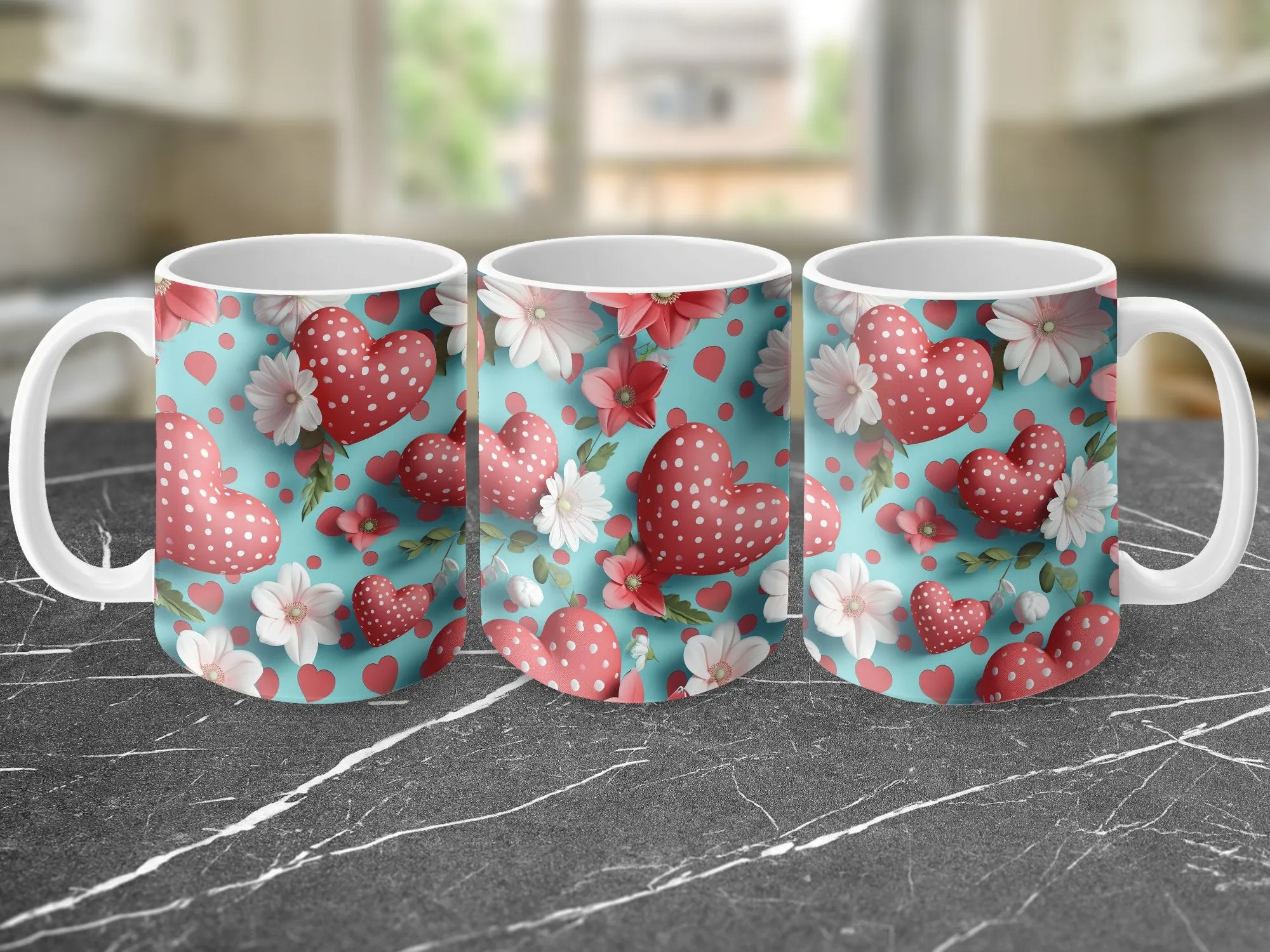 Love Heart Flowers Mug, Polka Dot Red Hearts, Floral Coffee Cup, Romantic Gift for Her, Valentine's Day Present, Cute Tea Mug