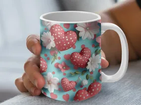 Love Heart Flowers Mug, Polka Dot Red Hearts, Floral Coffee Cup, Romantic Gift for Her, Valentine's Day Present, Cute Tea Mug