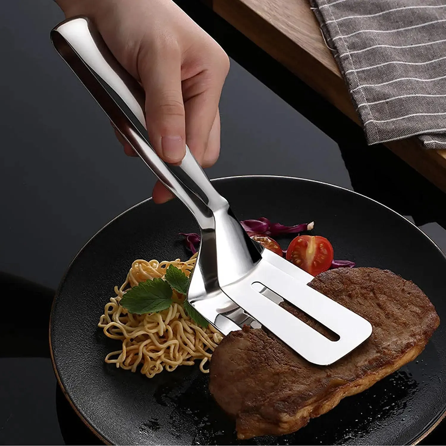 Multifunction Cooking Serving Turner Frying Food Tong. Stainless Steel Steak Clip Clamp BBQ Kitchen Tong.