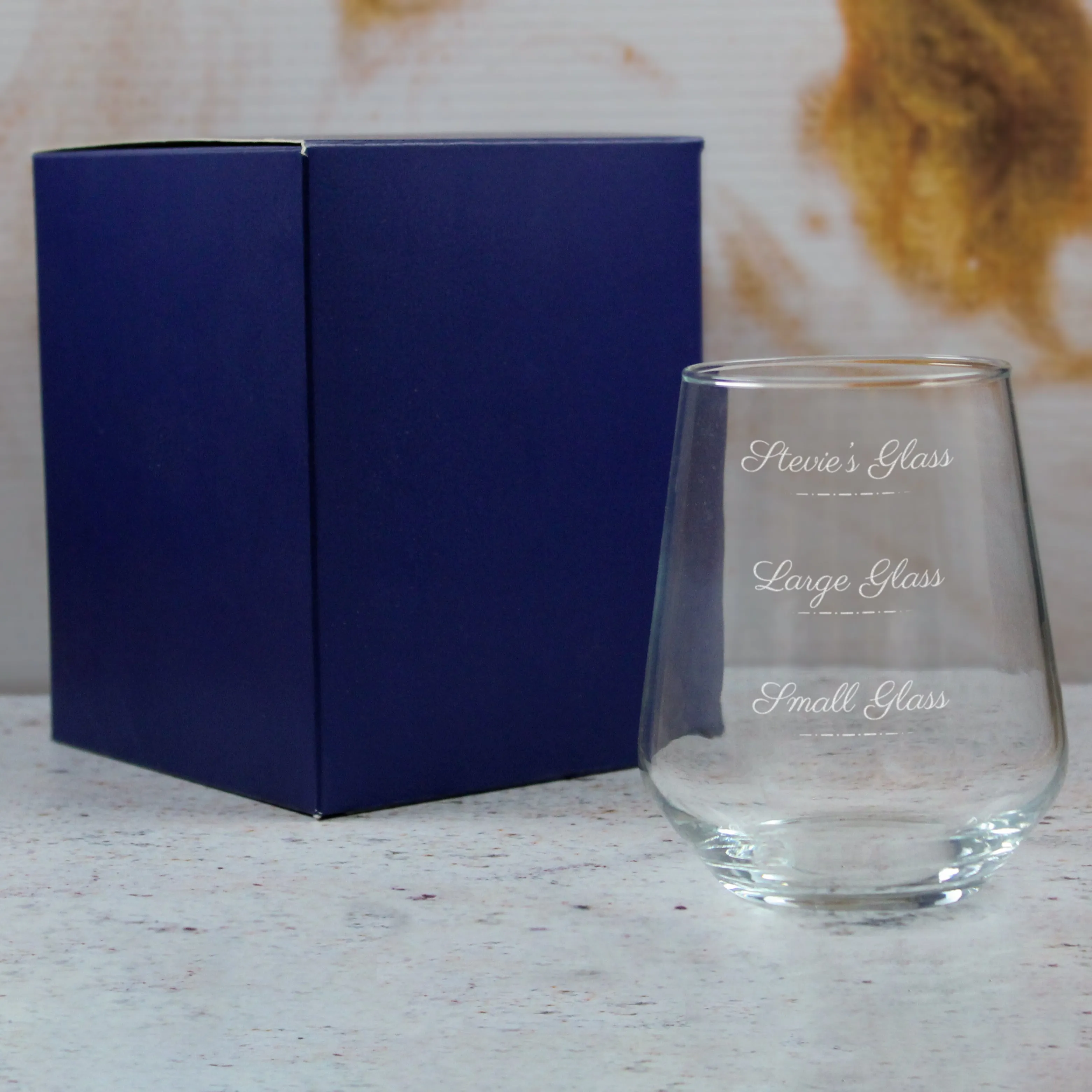 Personalised Engraved Stemless Allegra Wine Glass with Name's Glass Script Measurements Design, Customise with Any Name