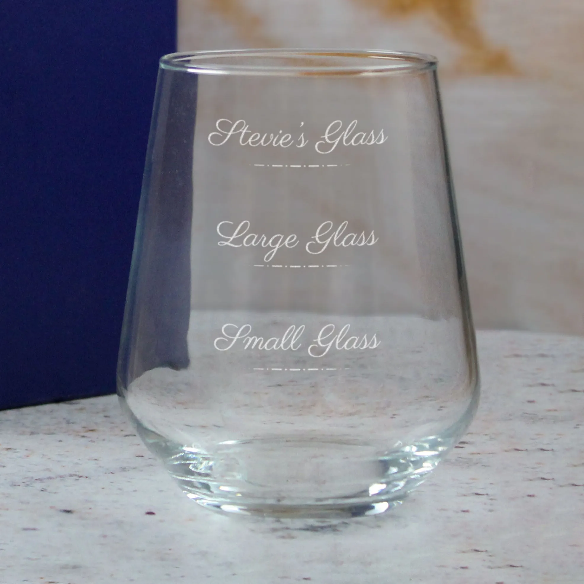 Personalised Engraved Stemless Allegra Wine Glass with Name's Glass Script Measurements Design, Customise with Any Name