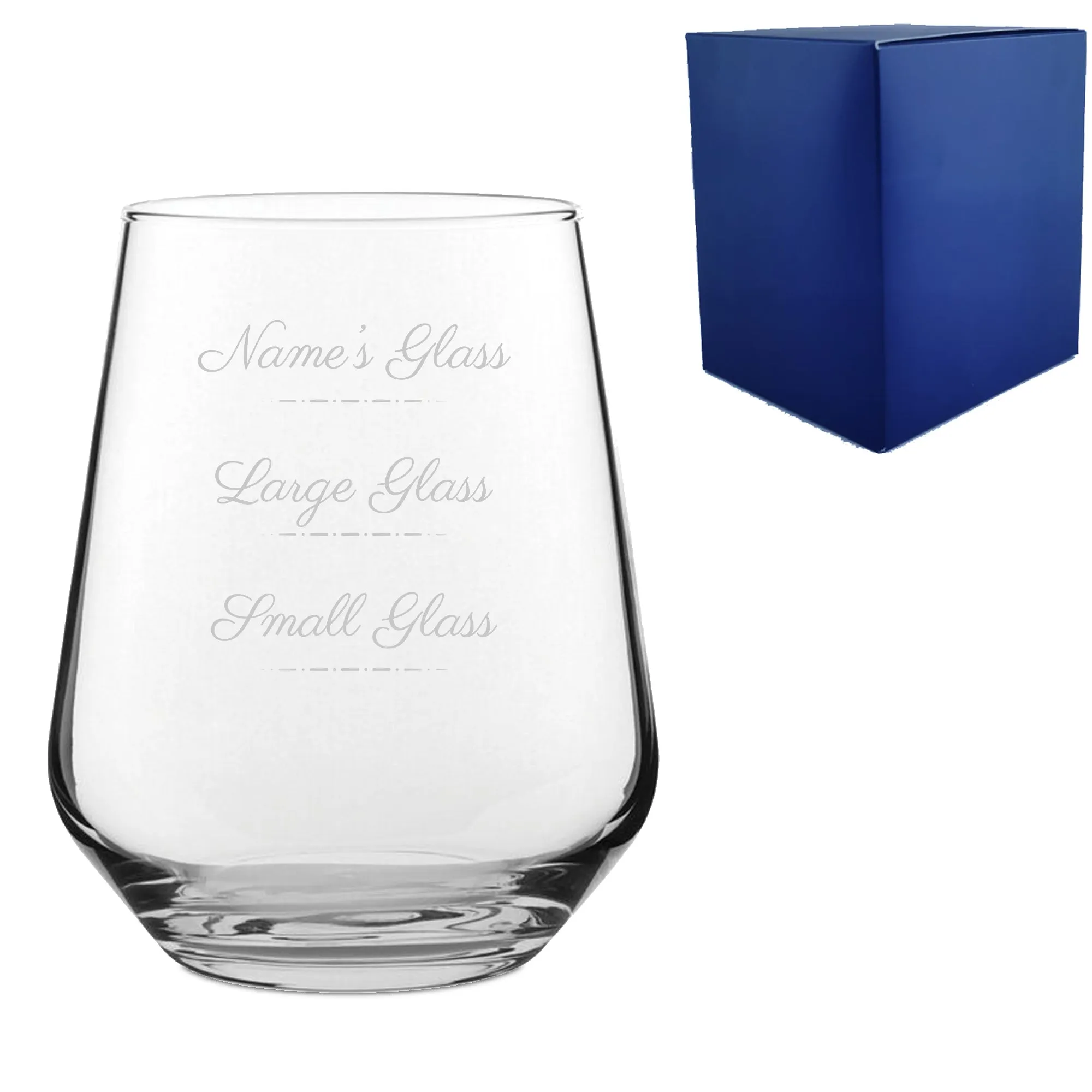 Personalised Engraved Stemless Allegra Wine Glass with Name's Glass Script Measurements Design, Customise with Any Name