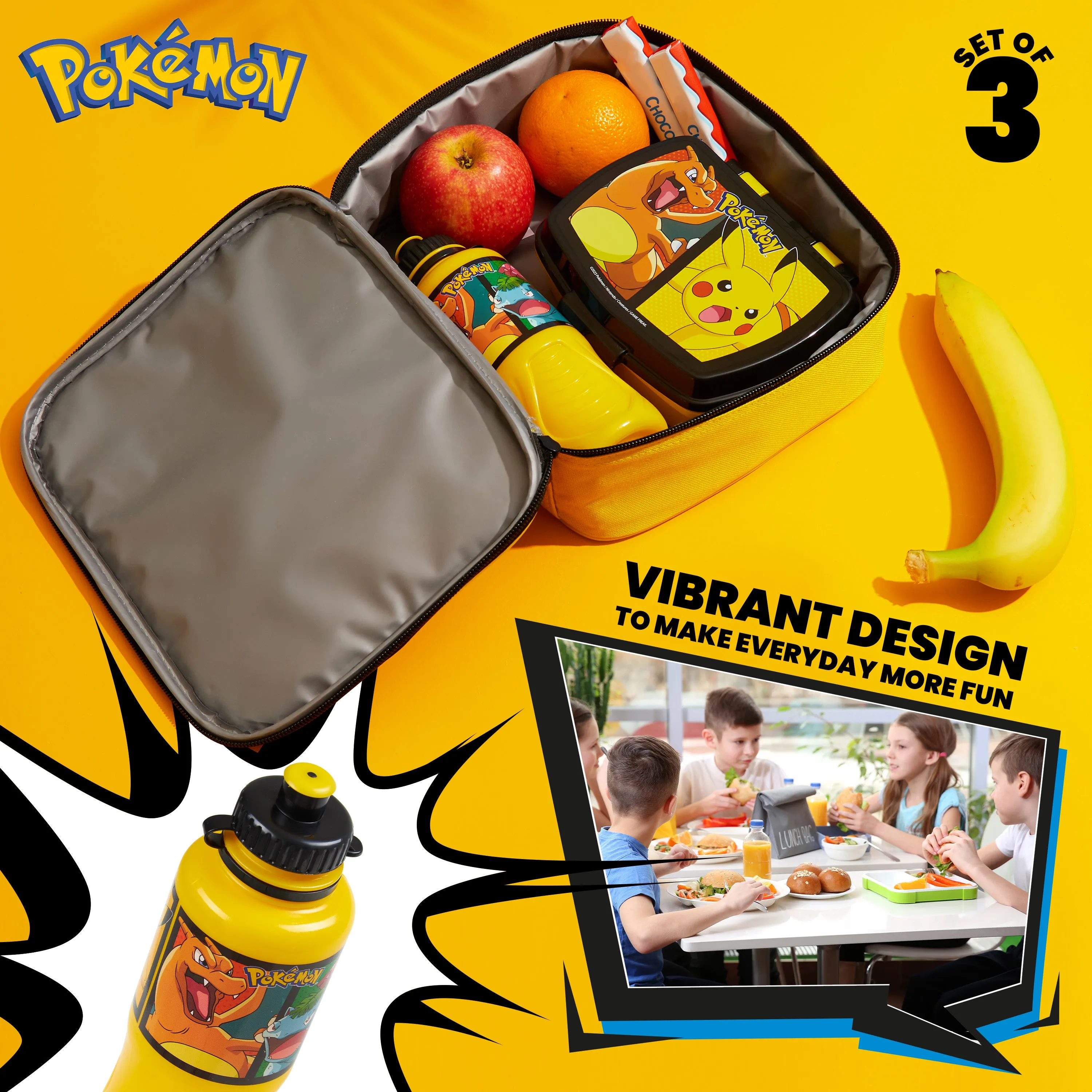 Pokemon Kids Lunch Box 3 Piece Set Insulated Lunch Bag Snack Box Pikachu 430ml Water Bottle