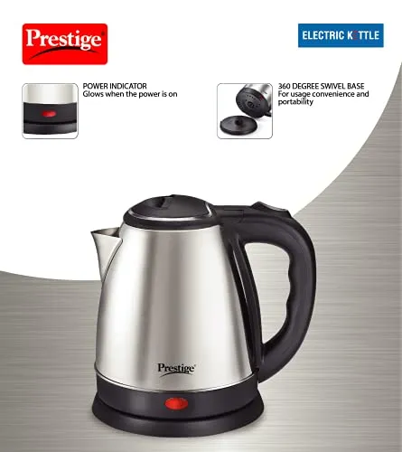 Prestige 1.5 Litres Electric Kettle (PKOSS 1.5)|1500W | Silver - Black| Automatic Cut-off | Stainless Steel | Rotatable Base | Power Indicator | Single-Touch Lid Locking