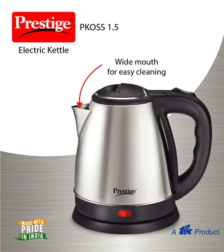 Prestige 1.5 Litres Electric Kettle (PKOSS 1.5)|1500W | Silver - Black| Automatic Cut-off | Stainless Steel | Rotatable Base | Power Indicator | Single-Touch Lid Locking