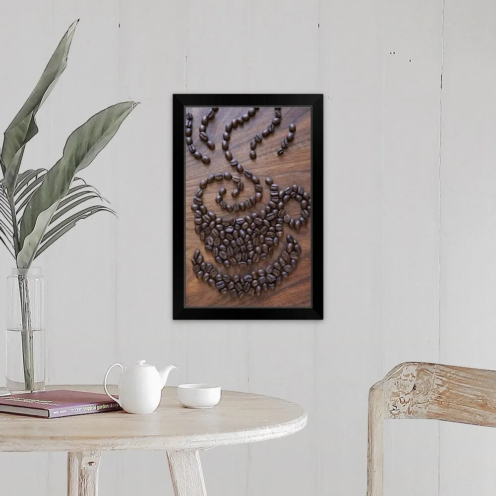 "A cup of coffee illustrated using coffee beans" Black Framed Print