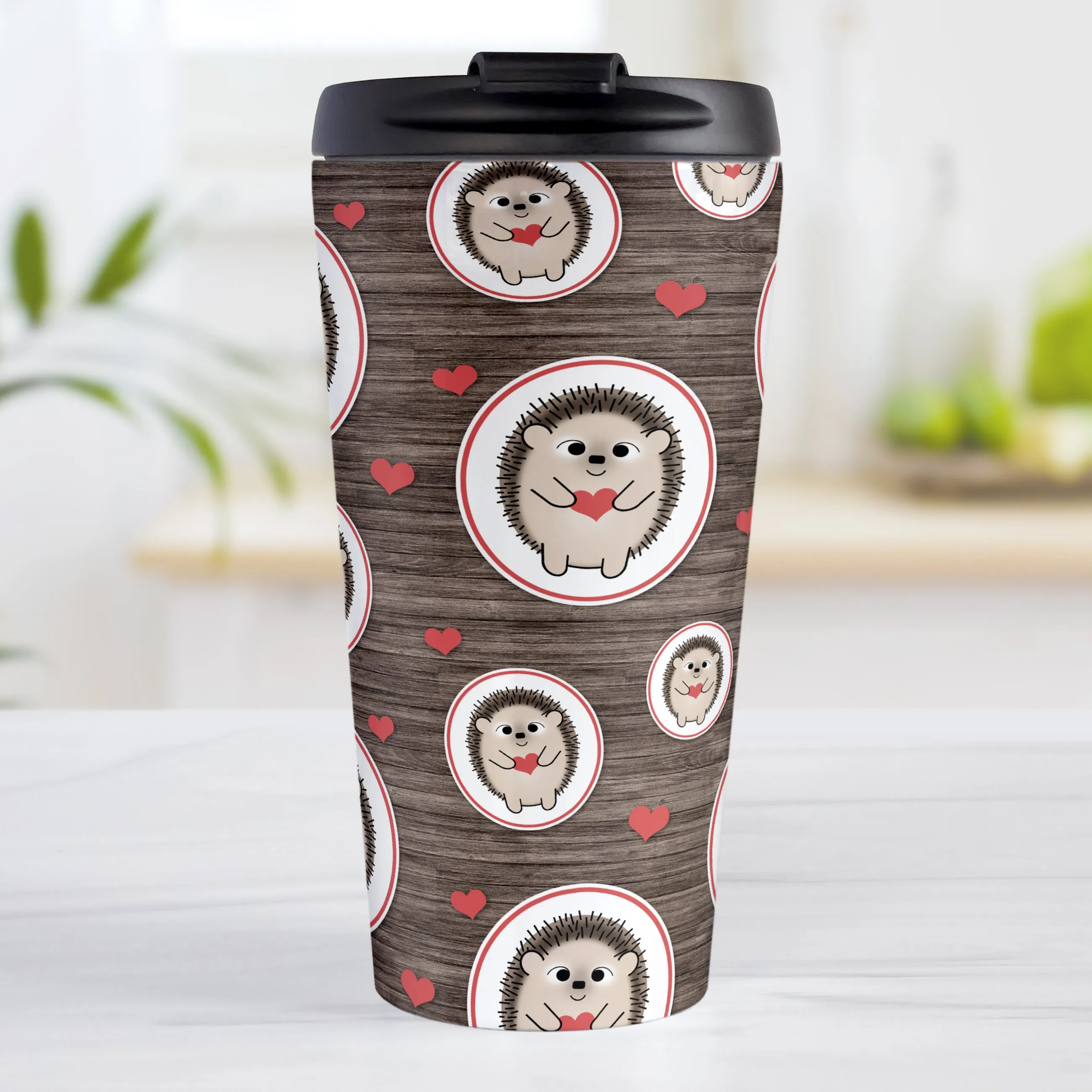 Rustic Wood Red Heart Hedgehog Travel Mug