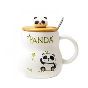 SATYAM KRAFT 1 Pcs Cute Panda Ceramic Mugs with Wooden Lid for Tea, Coffee, Milk, Beverage Lover, Gift to Staff, Girls, Boys, Kids, Friends, Anniversary, Birthday & Loved Ones for Valentines (350 ml)