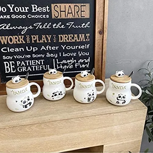 SATYAM KRAFT 1 Pcs Cute Panda Ceramic Mugs with Wooden Lid for Tea, Coffee, Milk, Beverage Lover, Gift to Staff, Girls, Boys, Kids, Friends, Anniversary, Birthday & Loved Ones for Valentines (350 ml)