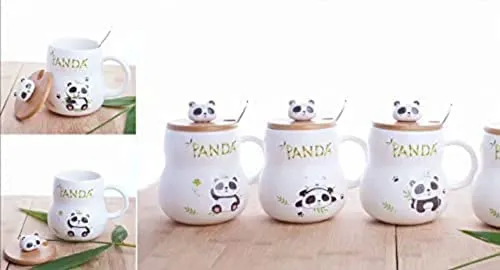 SATYAM KRAFT 1 Pcs Cute Panda Ceramic Mugs with Wooden Lid for Tea, Coffee, Milk, Beverage Lover, Gift to Staff, Girls, Boys, Kids, Friends, Anniversary, Birthday & Loved Ones for Valentines (350 ml)