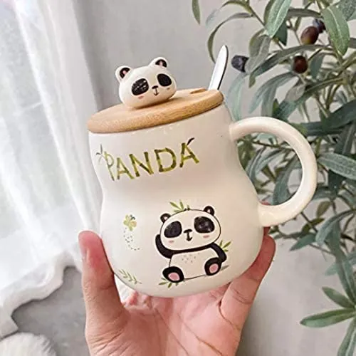 SATYAM KRAFT 1 Pcs Cute Panda Ceramic Mugs with Wooden Lid for Tea, Coffee, Milk, Beverage Lover, Gift to Staff, Girls, Boys, Kids, Friends, Anniversary, Birthday & Loved Ones for Valentines (350 ml)