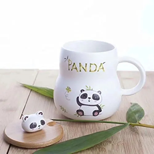 SATYAM KRAFT 1 Pcs Cute Panda Ceramic Mugs with Wooden Lid for Tea, Coffee, Milk, Beverage Lover, Gift to Staff, Girls, Boys, Kids, Friends, Anniversary, Birthday & Loved Ones for Valentines (350 ml)