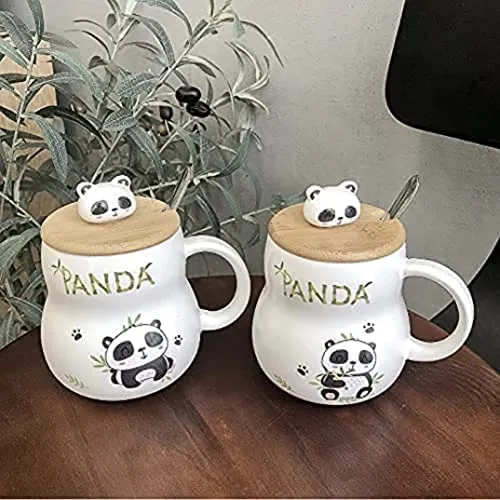 SATYAM KRAFT 1 Pcs Cute Panda Ceramic Mugs with Wooden Lid for Tea, Coffee, Milk, Beverage Lover, Gift to Staff, Girls, Boys, Kids, Friends, Anniversary, Birthday & Loved Ones for Valentines (350 ml)