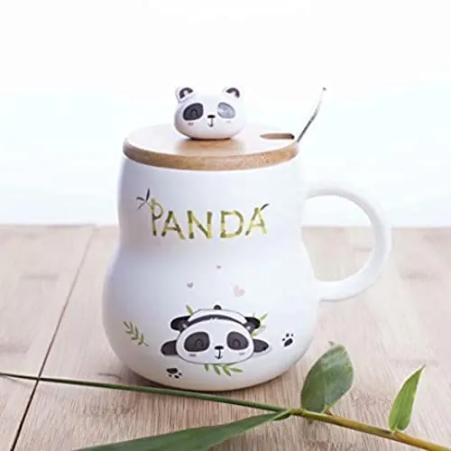 SATYAM KRAFT 1 Pcs Cute Panda Ceramic Mugs with Wooden Lid for Tea, Coffee, Milk, Beverage Lover, Gift to Staff, Girls, Boys, Kids, Friends, Anniversary, Birthday & Loved Ones for Valentines (350 ml)