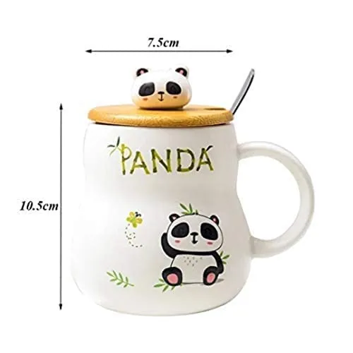 SATYAM KRAFT 1 Pcs Cute Panda Ceramic Mugs with Wooden Lid for Tea, Coffee, Milk, Beverage Lover, Gift to Staff, Girls, Boys, Kids, Friends, Anniversary, Birthday & Loved Ones for Valentines (350 ml)