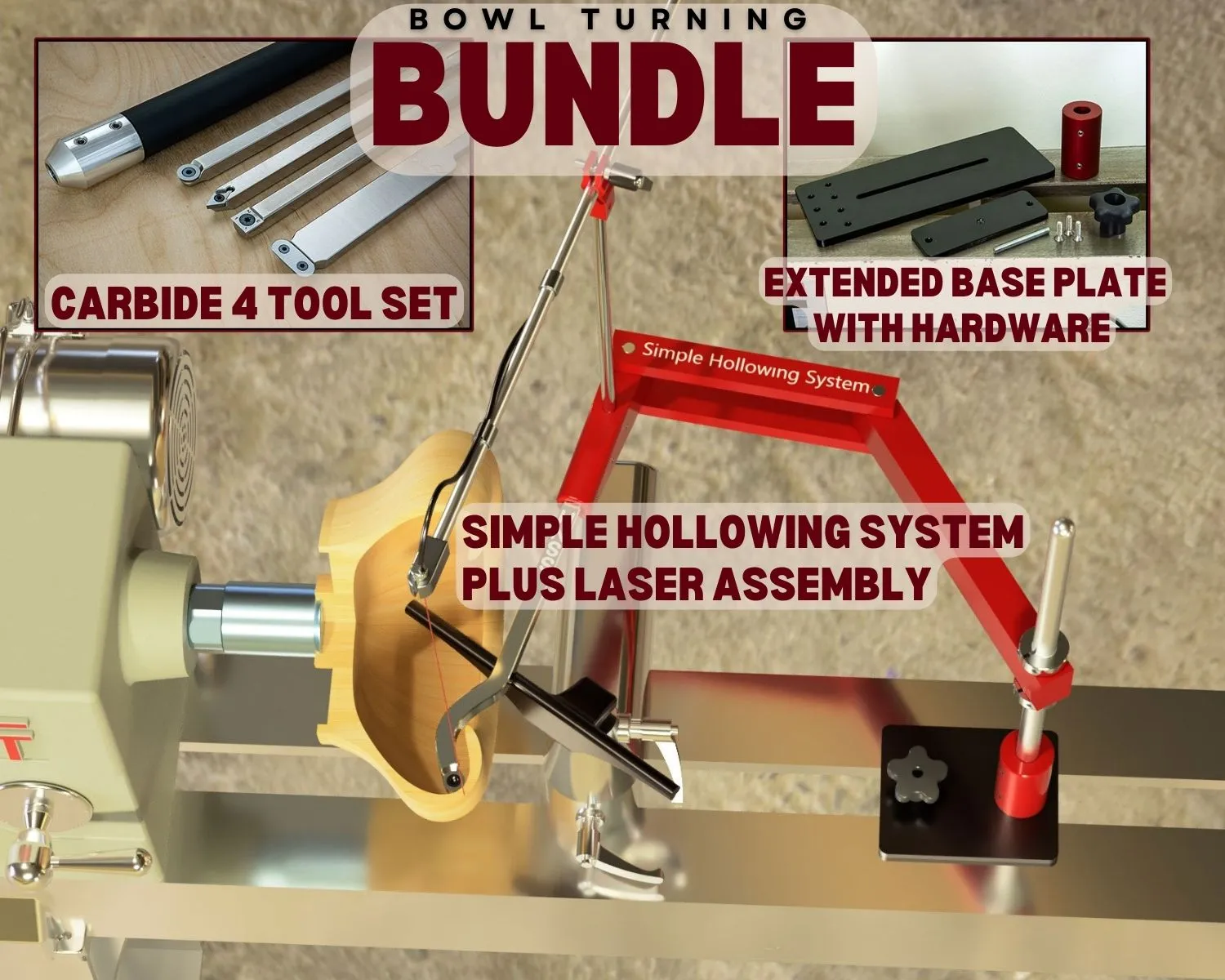 Simple Hollowing System with Laser, Extended Mounting Base & Tools for Outside Bowl Turning