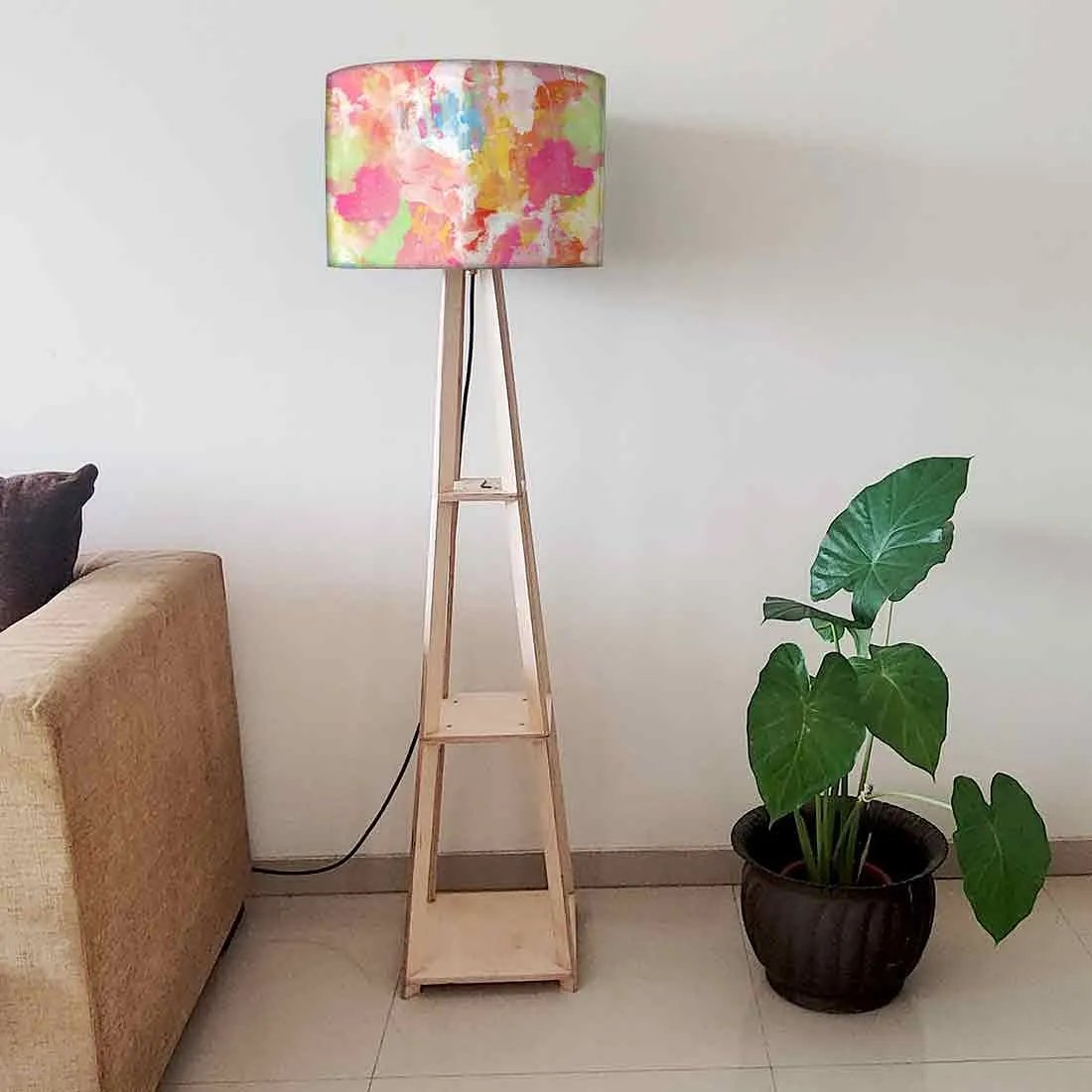 Small Wooden Floor Lamp - Orange Paint Splash