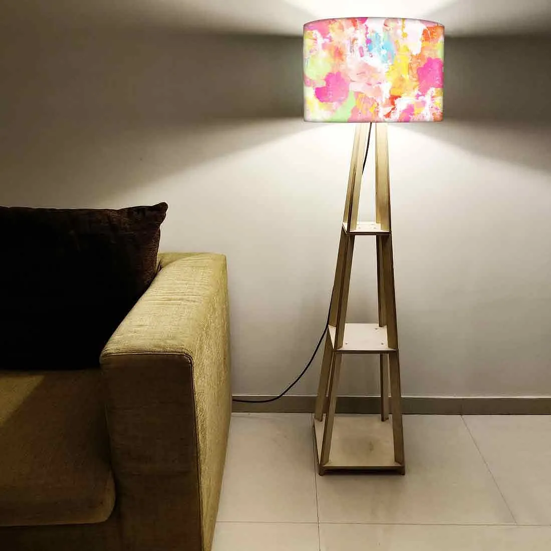 Small Wooden Floor Lamp - Orange Paint Splash