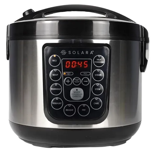 SOLARA MultiPurpose Electric Rice Cooker - Cool Touch MultiPurpose Cooker and Food Steamer, Digital Rice Cooker, 4 Cups (8 Cups Cooked) with Steam & Rinse Basket, 500 Watts, Stainless Steel, Silver